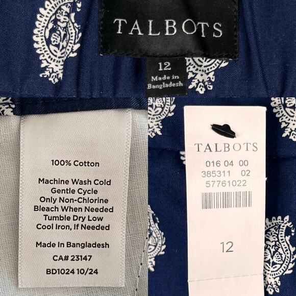 Talbots Straight Leg Twill Pants Serene Paisley India Ink Ivory 12 New - Picture 9 of 12